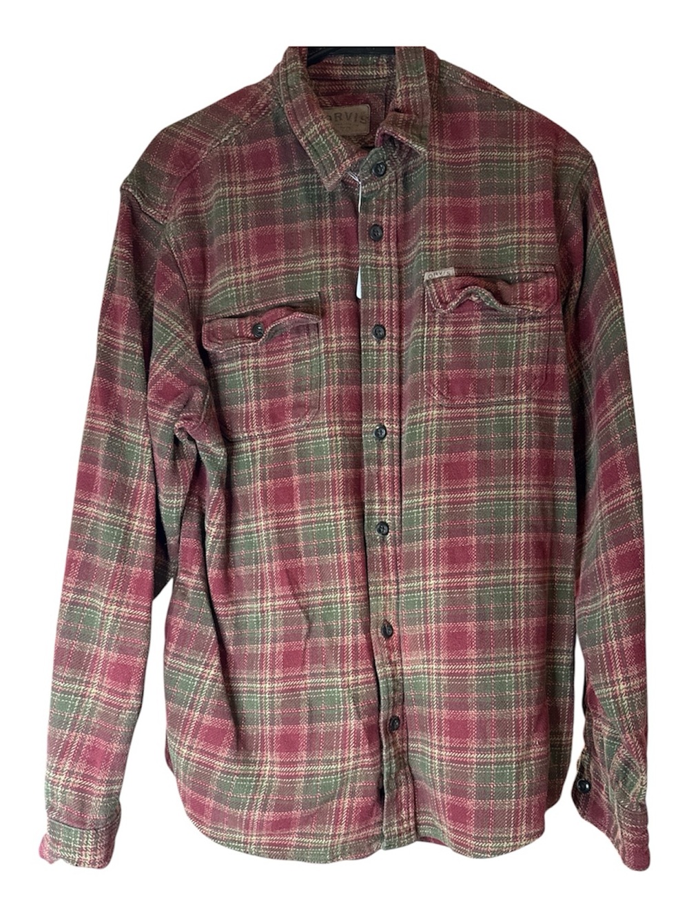 Orvis Burgundy and Olive Plaid Flannel Shirt